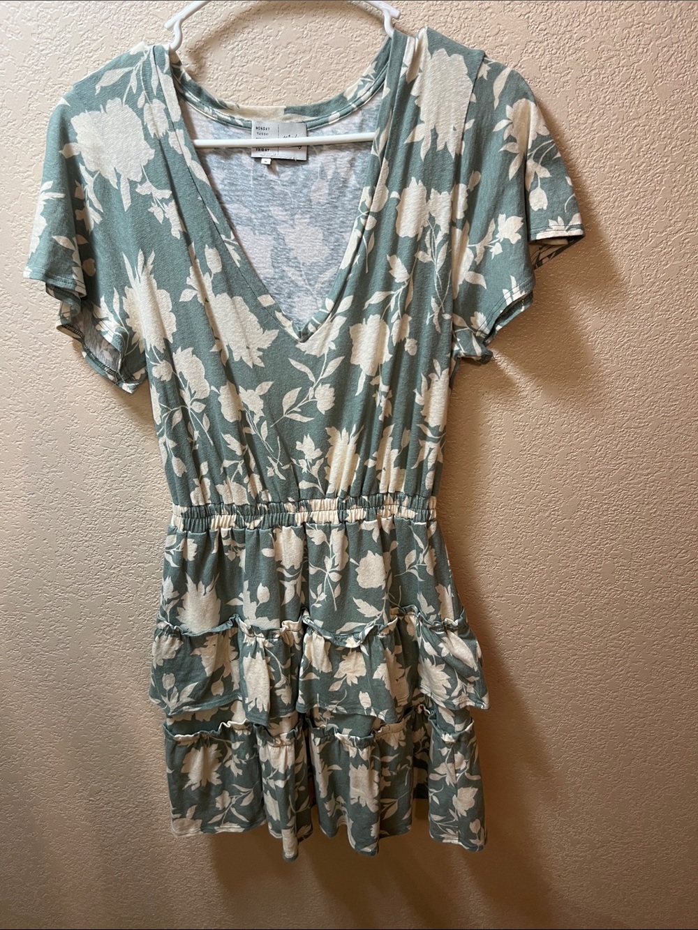 Anthropologie Sage Green and Ivory Floral Tiered Mini Dress